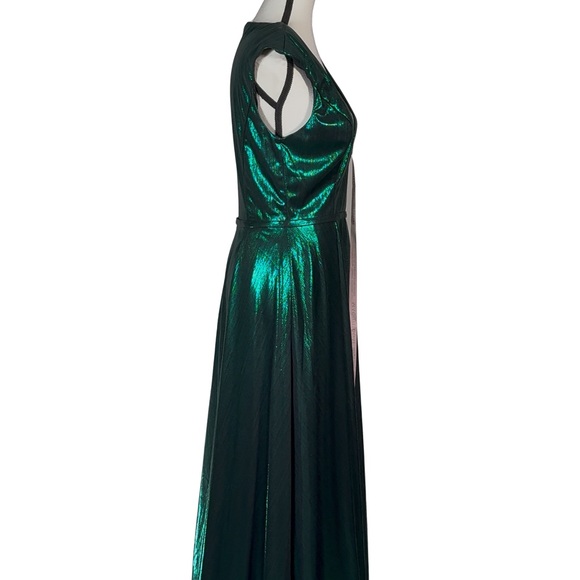 Mac Duggal Formal Green Cap Sleeve Deep V High Slit Metallic Gown Size 6$398 NWT - Picture 4 of 8
